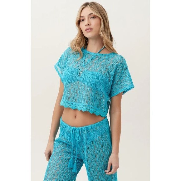 Trina Turk Whim Crochet Crop Shirt Swim Cover Top Womens Medium Blue‎ Beach - Picture 1 of 9